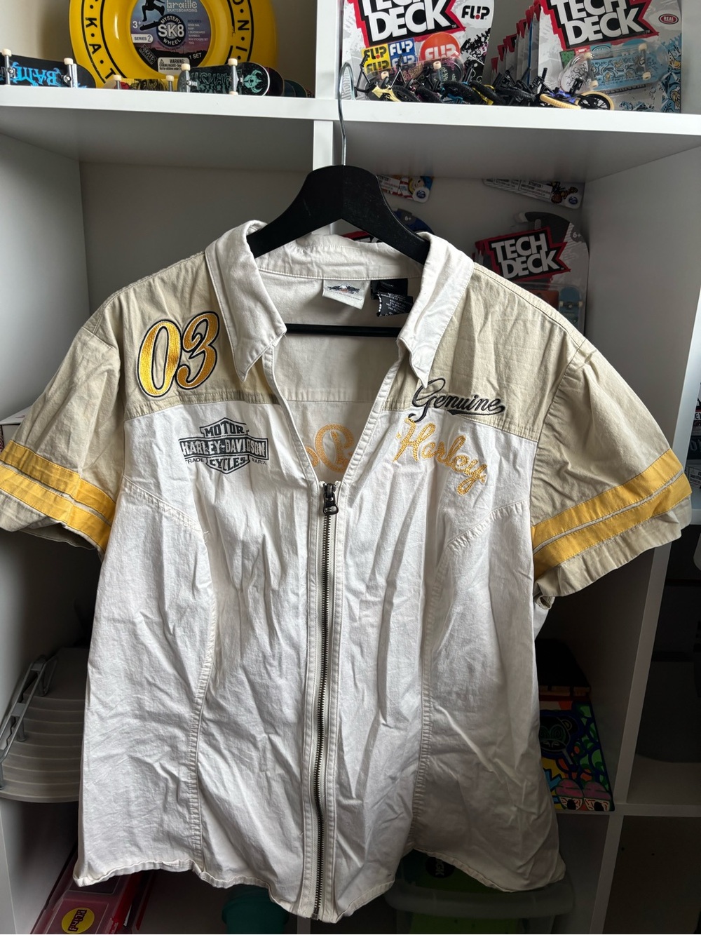 Harley Davidson zip up short sleeve cream and yellow